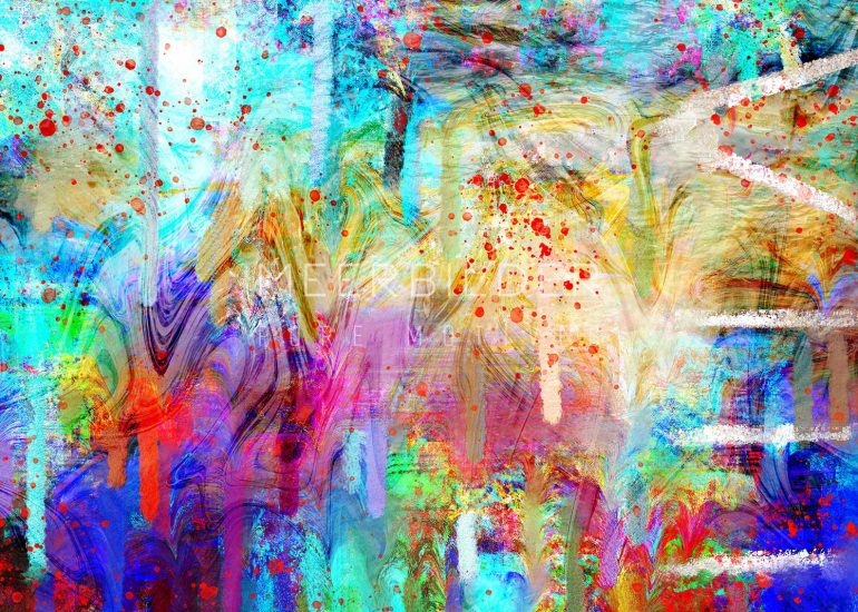 Abstrakte Kunst N070 VERTICAL INFINITY: Vertikale römische Acht in fließendem Lila, Türkis und Blau mit roten Akzenten. Erhältlich als FineArt Acrylglas, modernes Alu-Dibond, Akustikbild oder klassische Leinwand.