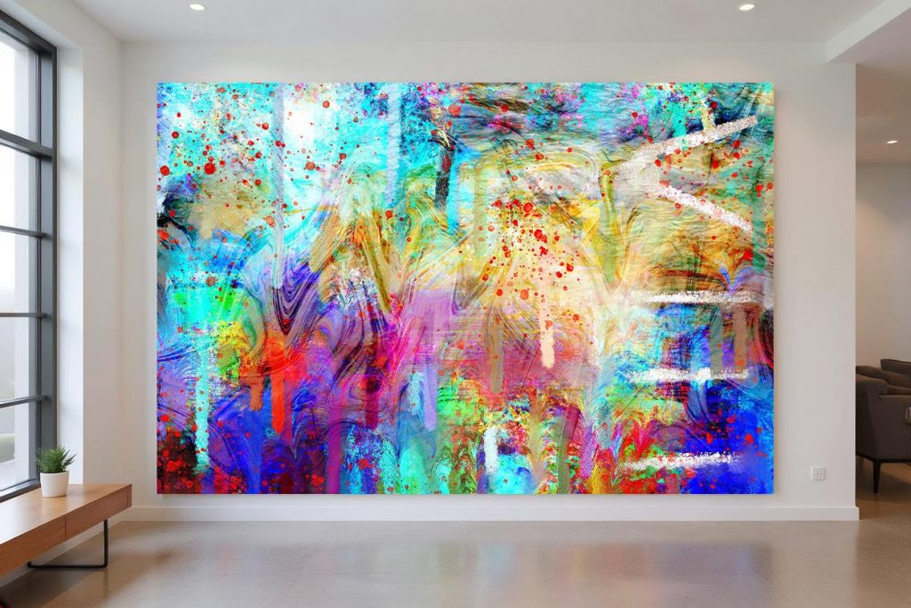 Abstraktes XXL-Wandbild N070 Vertical Infinity von Jan-Karsten Stöver. Verflüssigte Farbverläufe in Lila, Türkis, Gelb, Blau und Hellgrün mit markanten roten Farbspritzern. Rechtsbündig verläuft eine vertikale, römische Acht (VIII) inmitten von herabfließenden Farbbahnen. Erhältlich als hochwertiges Acrylglas FineArt, Alu-Dibond Butlerfinish oder Akustikbild für moderne Raumgestaltung.