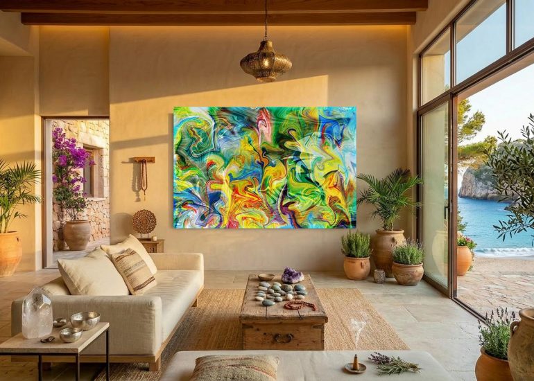 Abstract power painting NO41 SPIRIT by Jan-Karsten Stoever with marble effect in a rustic, Mediterranean chic Ibiza finca overlooking a secluded bay.