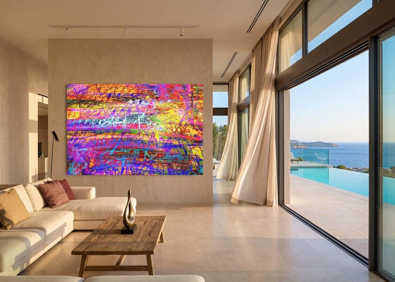 Abstract wall art NO43 MIND by Jan-Karsten Stoever with vibrant colors and distinctive textures in a luxury Mallorca villa overlooking the pool and sea.