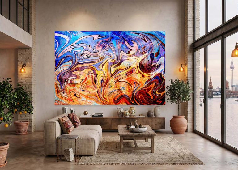 Abstract wall art NO53 DREAMLAND by Jan-Karsten Stoever on a cream-colored concrete wall in a Berlin gallery apartment with a view of the Spree River and the TV Tower.