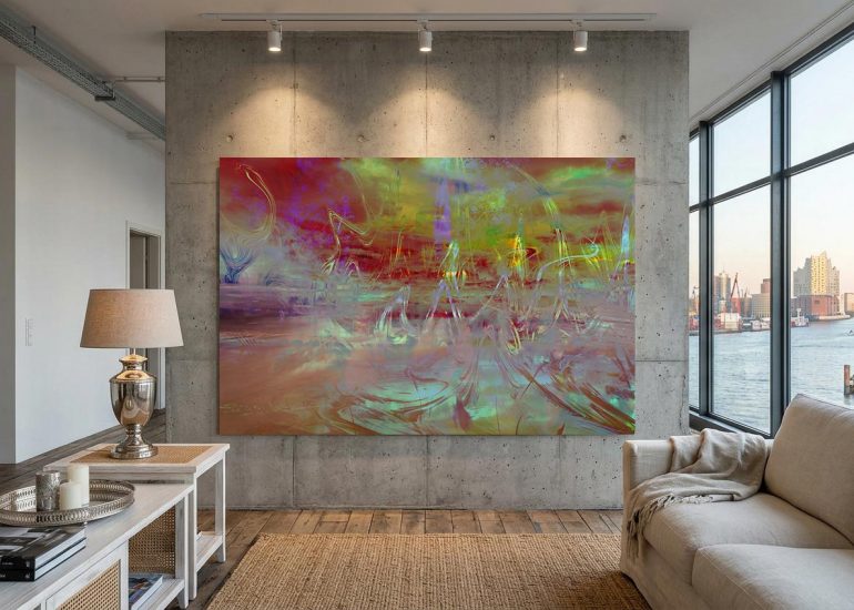 Abstract wall art NO66 SILENCE by Jan-Karsten Stoever with turquoise, grey, and yellow-red streaks in a modern Hamburg apartment overlooking the Elbe Philharmonic Hall.