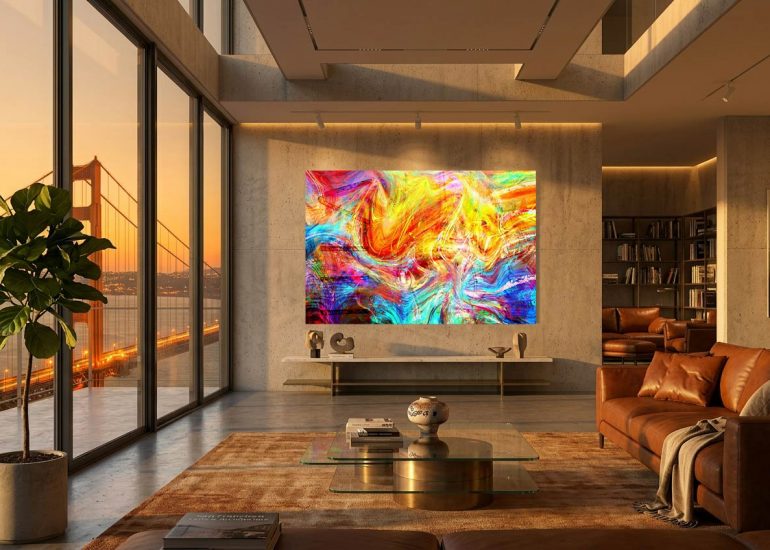 Abstract wall art NO68 SOULCOLOR by Jan-Karsten Stoever on a concrete wall in a modern San Francisco loft overlooking the Golden Gate Bridge.