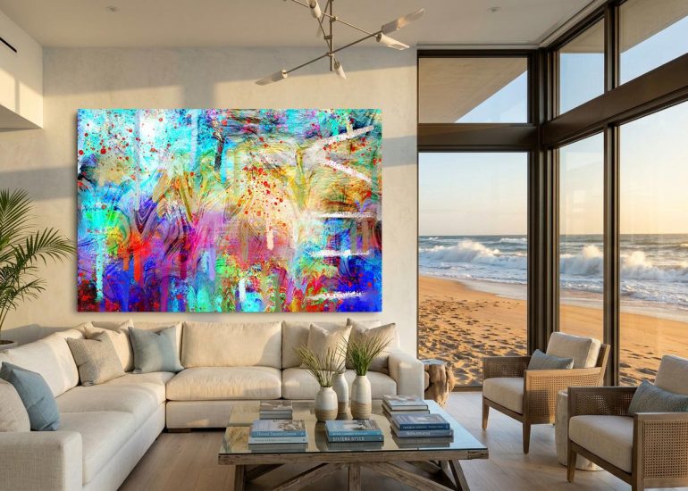 Abstract wall art NO70 VERTICAL INFINITY with Roman numeral VIII in purple and turquoise by Jan-Karsten Stoever in a modern Florida living room right on the beach.