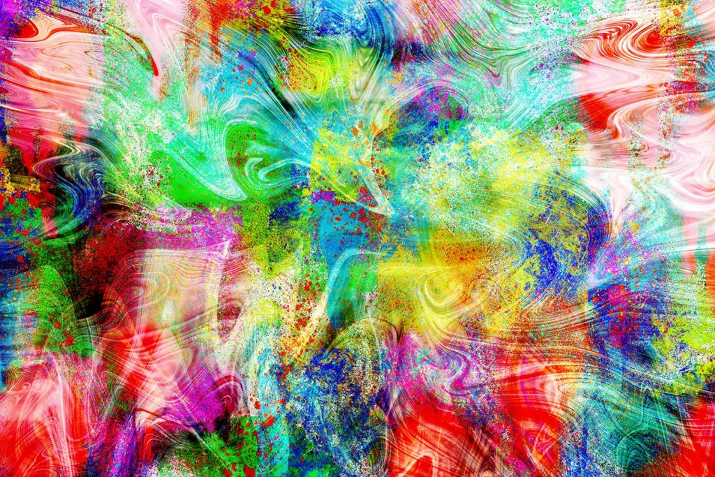 Abstraktes Kunstwerk NO55 BE Originale Farbexplosion in Smaragdgrün Rot und Blau mit weißen Schlieren von Jan-Karsten Stöver.