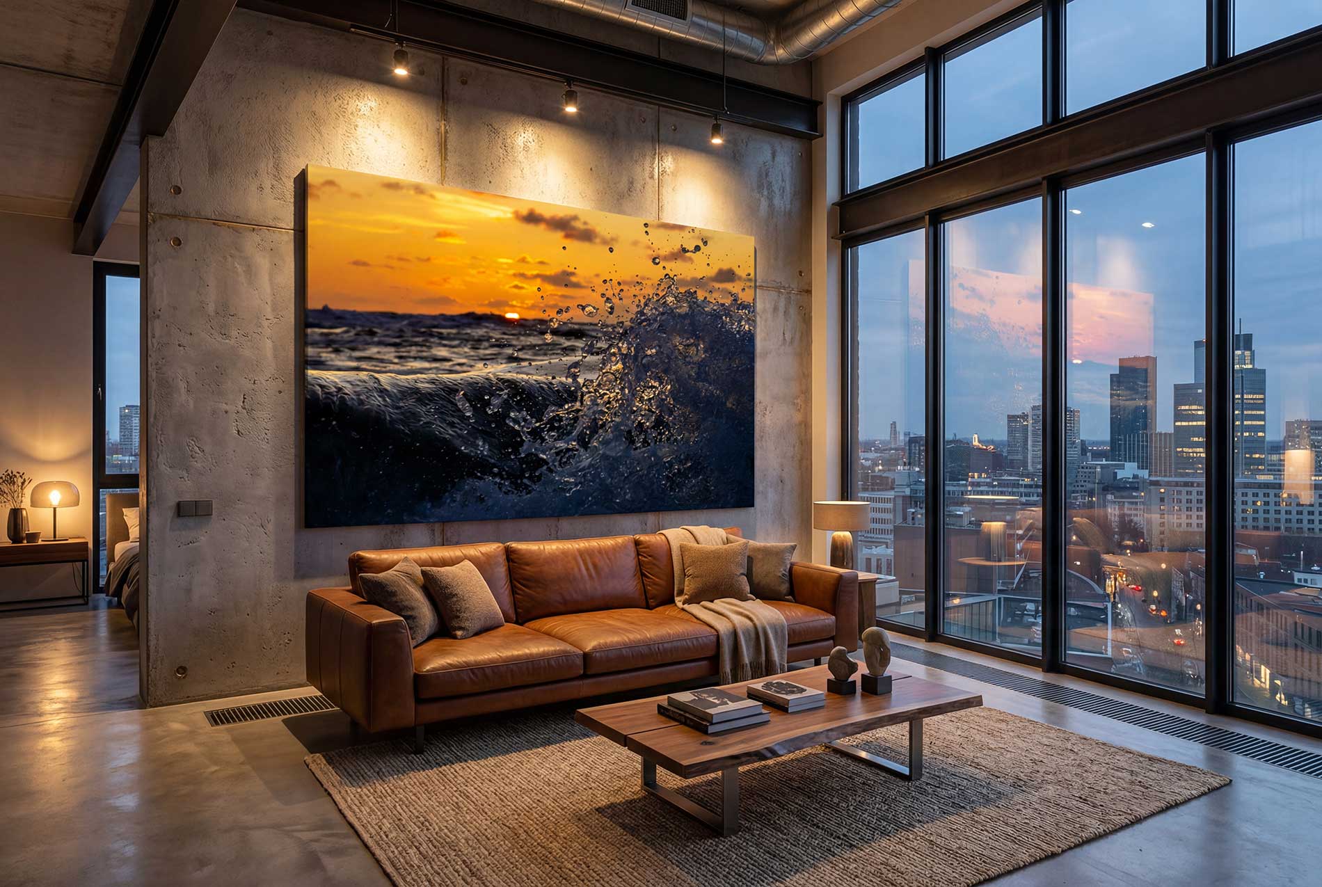 Nahaufnahme einer brechenden Meereswelle mit weißer Gischt im goldenen Licht der Abendsonne als großformatiges Leinwandbild in einem modernen Stadtloft.