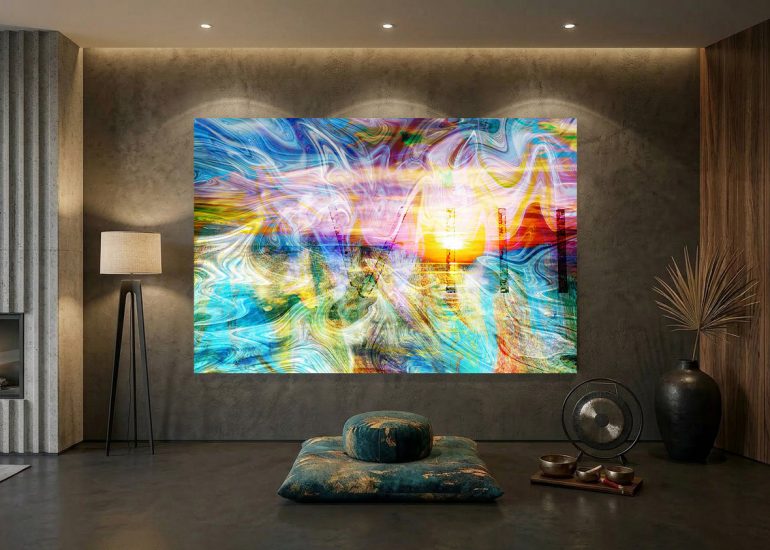 Hochwertige spirituelle Kunst No52 Happiness XXL in einem edlen Meditationsraum mit Kamin und Beleuchtung.