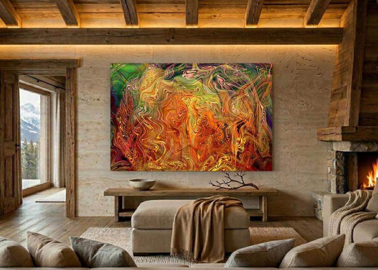 Großformatiges abstraktes Mandala-Wandbild in Gold und Braun in einem luxuriösen Chalet mit Altholz, Naturstein und warmem Kaminlicht.