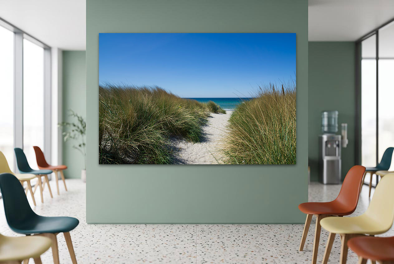 Bilder für Wartezimmer: XXL Dünenbild mit Pfad zur Ostsee an einer grünen Akzentwand über einer Stuhlreihe mit bunten Sesseln.