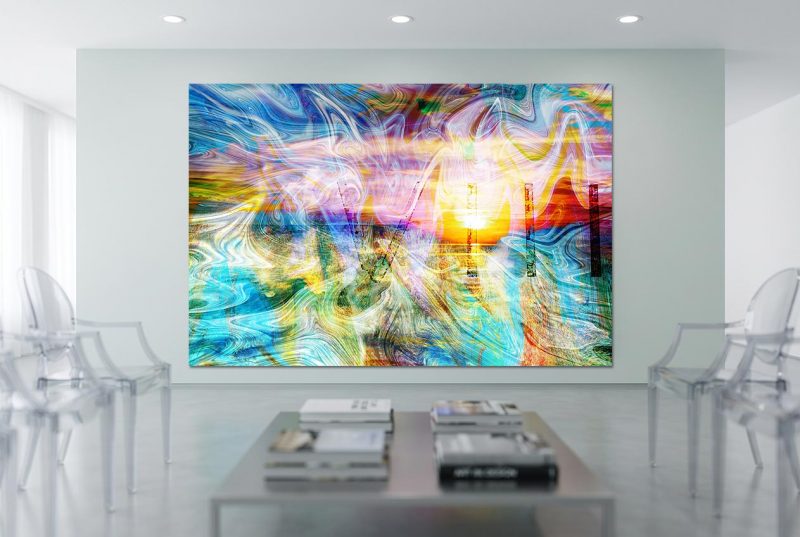 Kunst für Praxen: Abstrakte Digitalkunst NO52. HAPPINESS! auf Alu-Dibond an zentraler Wand im großen Praxisraum flankiert von zwei Plexiglas-Stühlen.