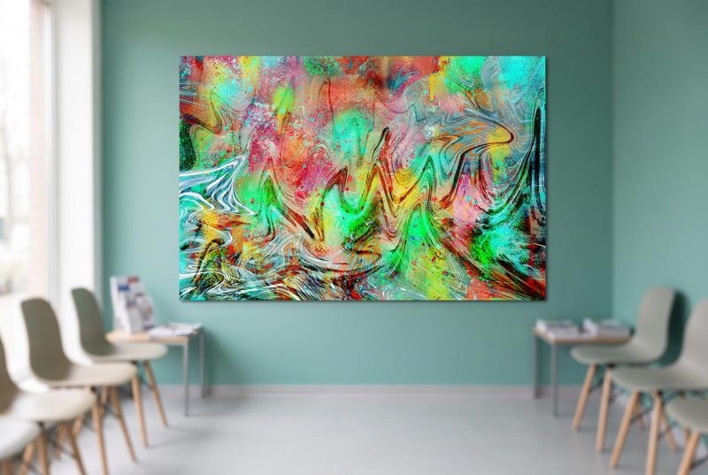 Moderne Kunstdrucke Arztpraxis: Abstraktes Digitalbild NO54. AURA-X von Jan-Karsten Stöver auf Alu-Dibond an hellgrüner Wand im Wartezimmer.